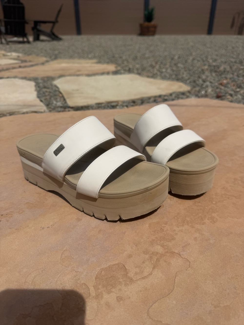REEF cream white Double-Strap Platform Slide Mules with Tan Platform